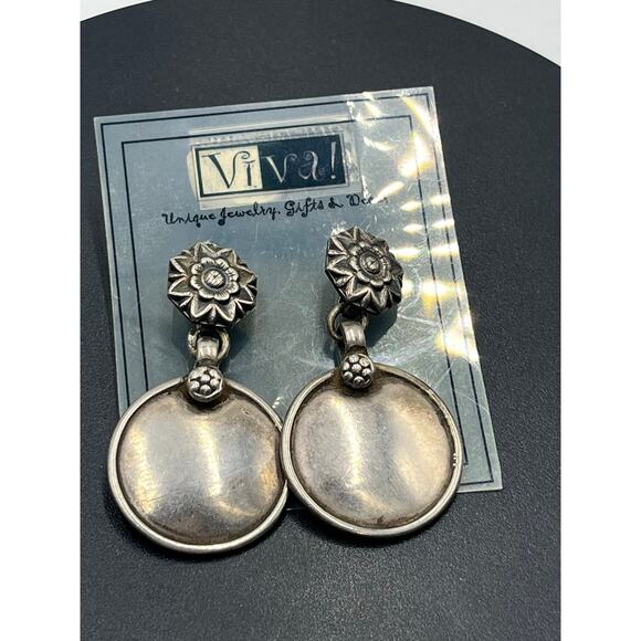 Vintage Sterling Silver Aztec Floral Heavy Double Drop Dangle Earrings 16 grams - Picture 2 of 10